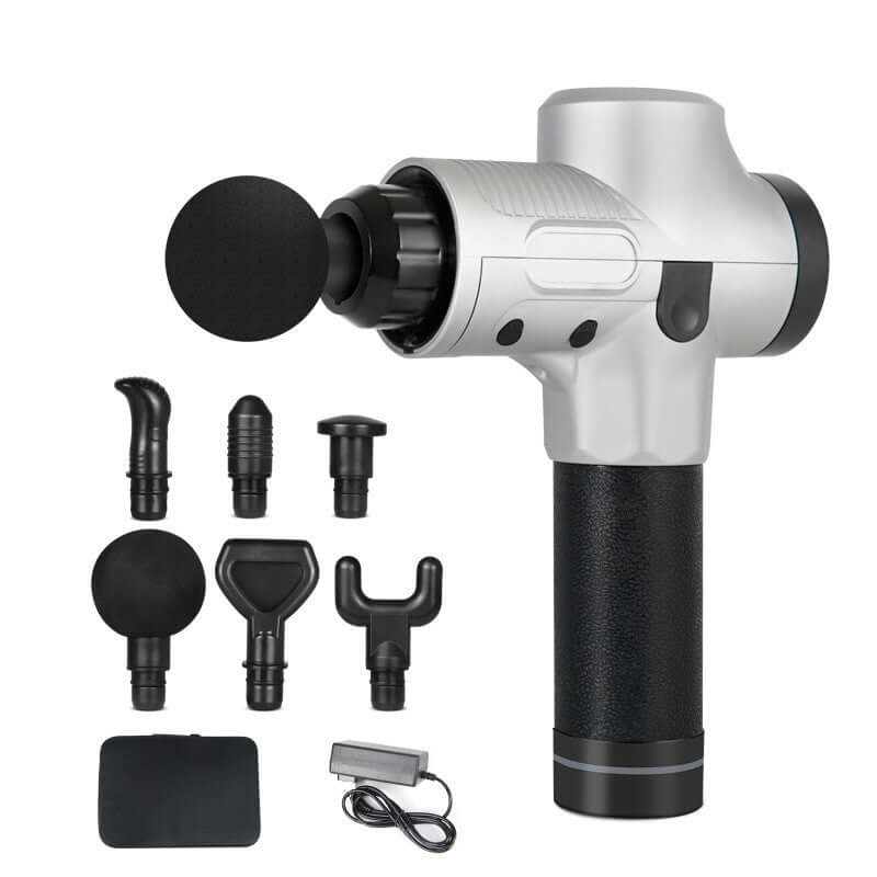 electric muscle fascia massage gun with multiple attachment heads and charger.