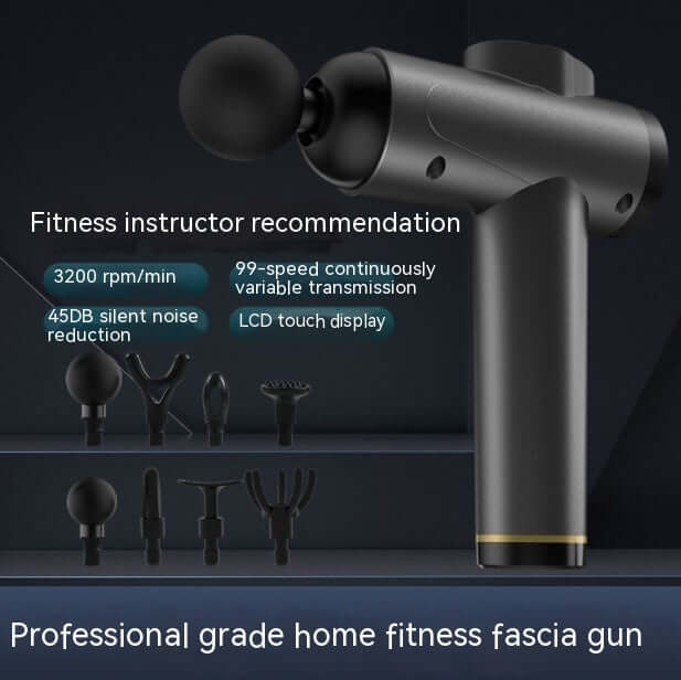 Massage gun muscle relaxation instrument with LCD touch display and multiple attachments for muscle relaxation.