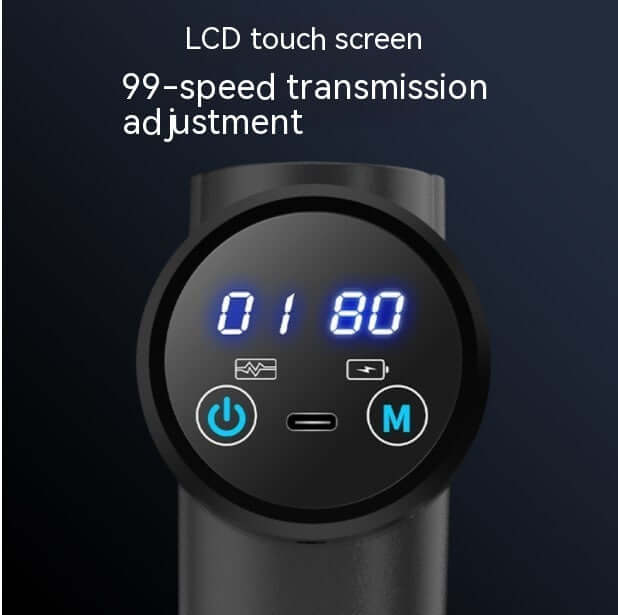Massage gun muscle relaxation instrument LCD touch screen displaying 99-speed transmission adjustment.