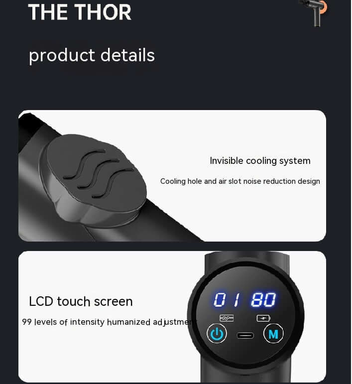 Massage gun muscle relaxation instrument with invisible cooling system and LCD touch screen for muscle recovery.