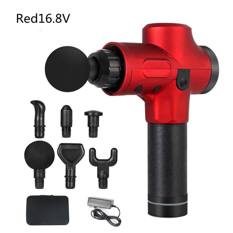 Electric Muscle Fascia Massage Gun in red with massage heads