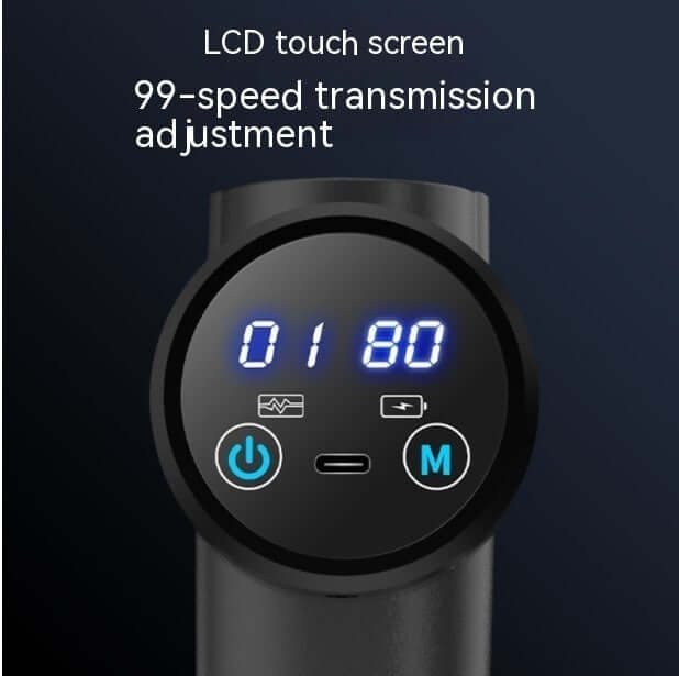 LCD touch screen display showing 99-speed transmission adjustment for Massage gun muscle relaxation instrument.